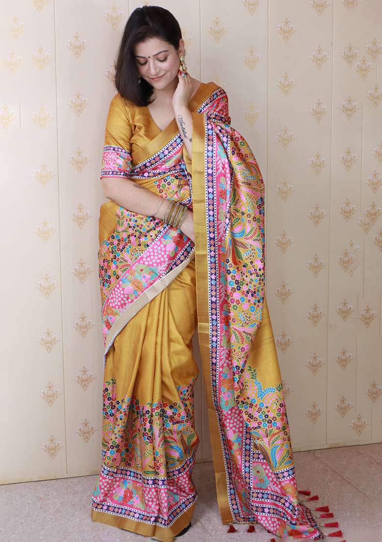 Yellow Zari Work Tussar Silk Saree Set - Indya