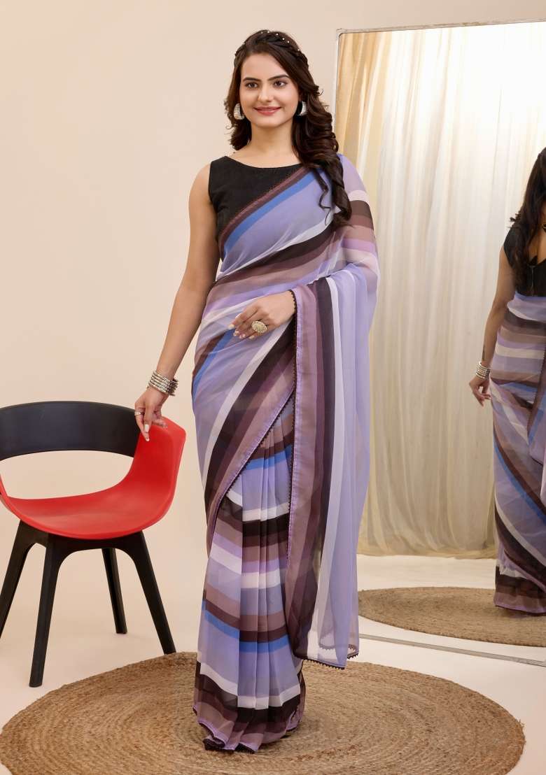 Multi Printed Georgette Saree Set - Indya