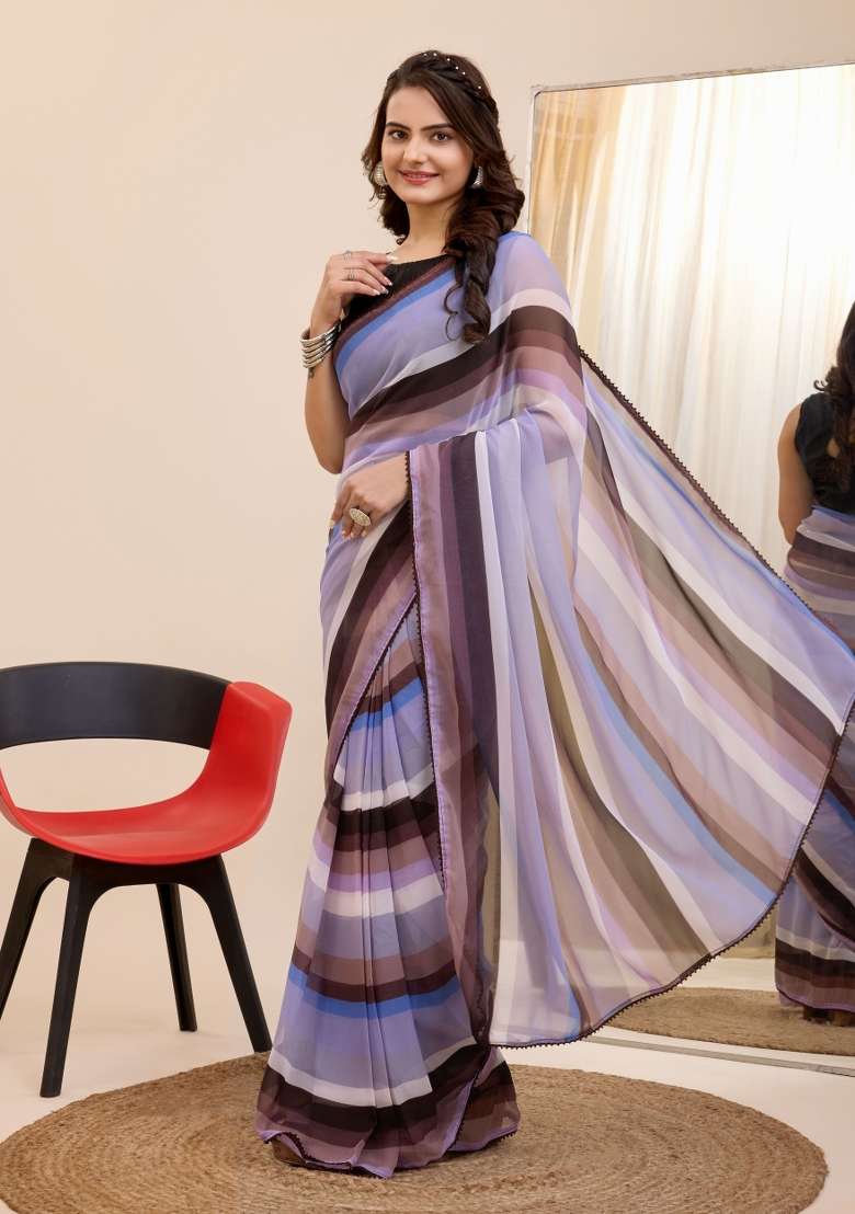 Multi Printed Georgette Saree Set - Indya
