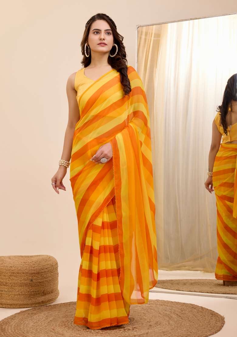 Yellow Printed Georgette Saree Set - Indya
