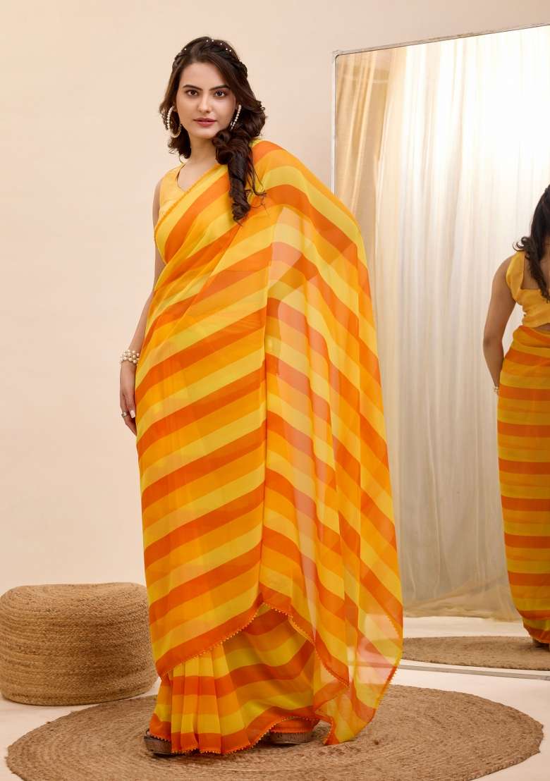 Yellow Printed Georgette Saree Set - Indya