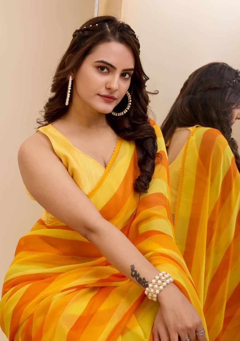 Yellow Printed Georgette Saree Set