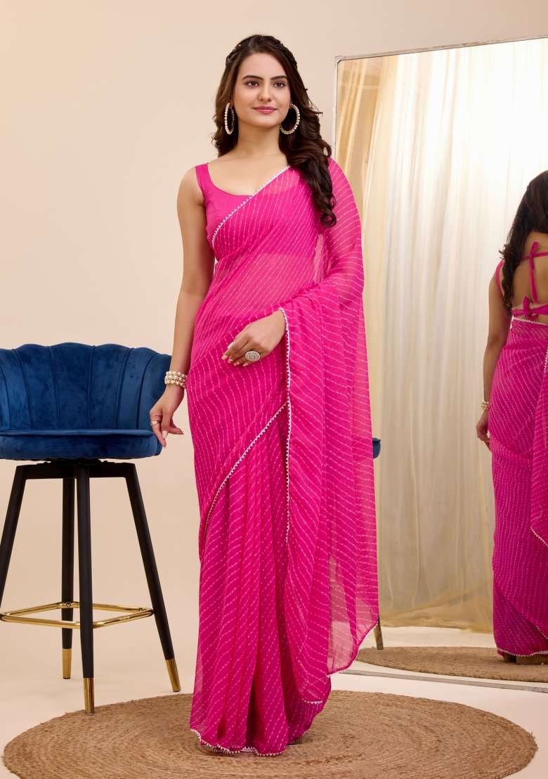 Pink Printed Georgette Saree Set - Indya