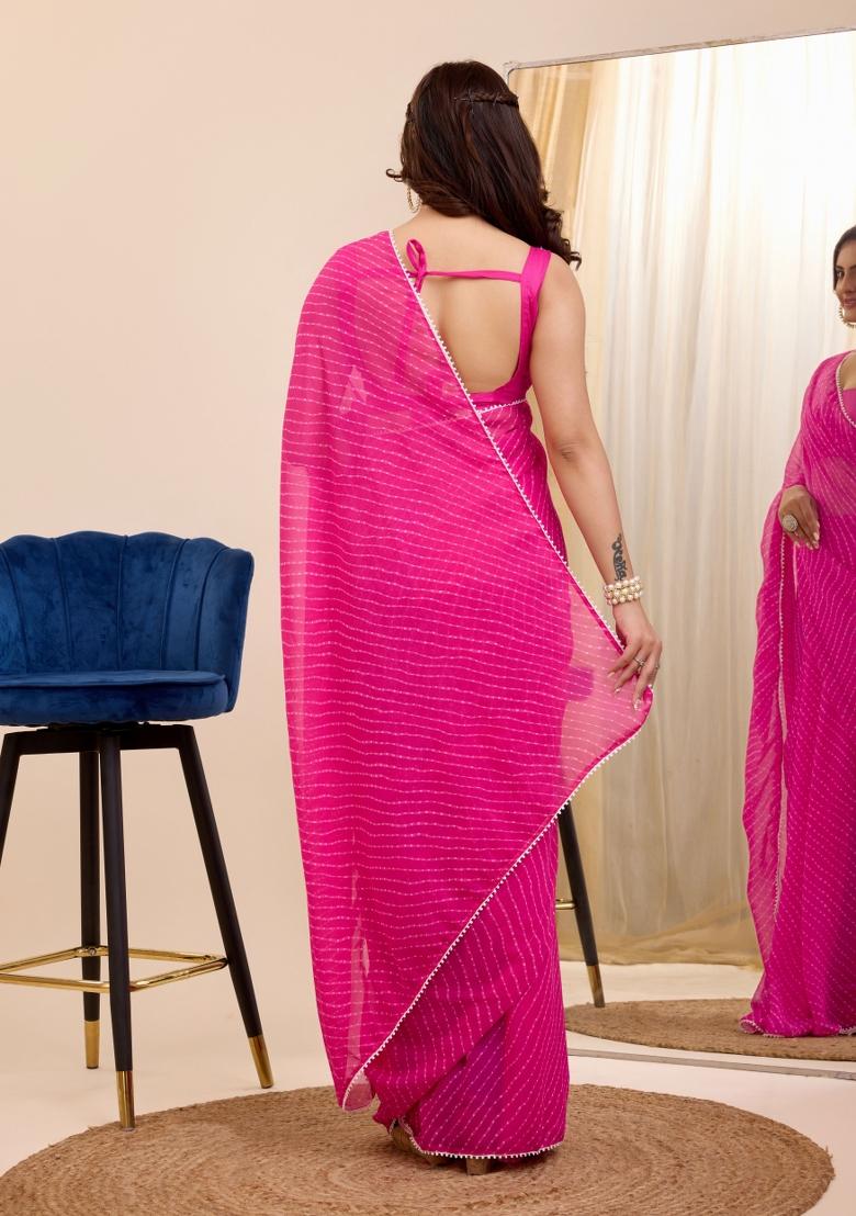Pink Printed Georgette Saree Set