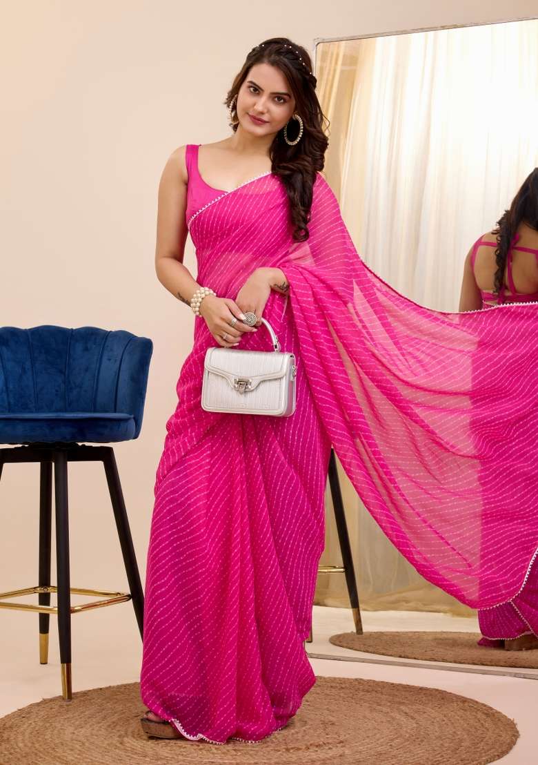 Pink Printed Georgette Saree Set - Indya