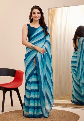Blue Printed Georgette Saree Set