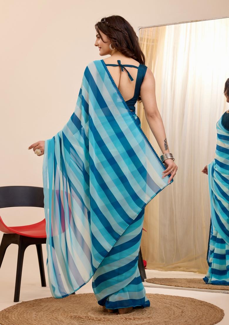Blue Printed Georgette Saree Set