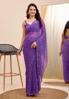 Purple Printed Georgette Saree Set