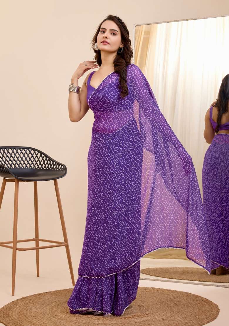 Purple Printed Georgette Saree Set - Indya