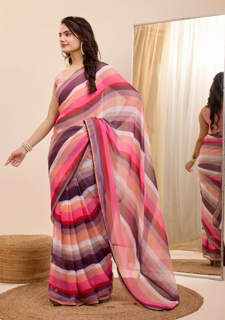 Pink Printed Georgette Saree Set - Indya