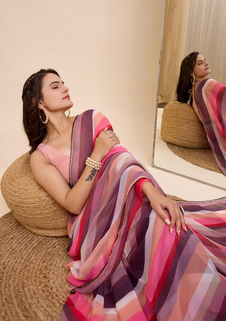 Pink Printed Georgette Saree Set