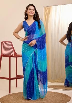 Blue Printed Georgette Saree Set
