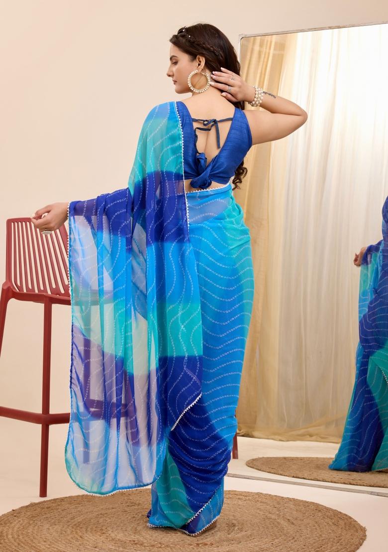 Blue Printed Georgette Saree Set