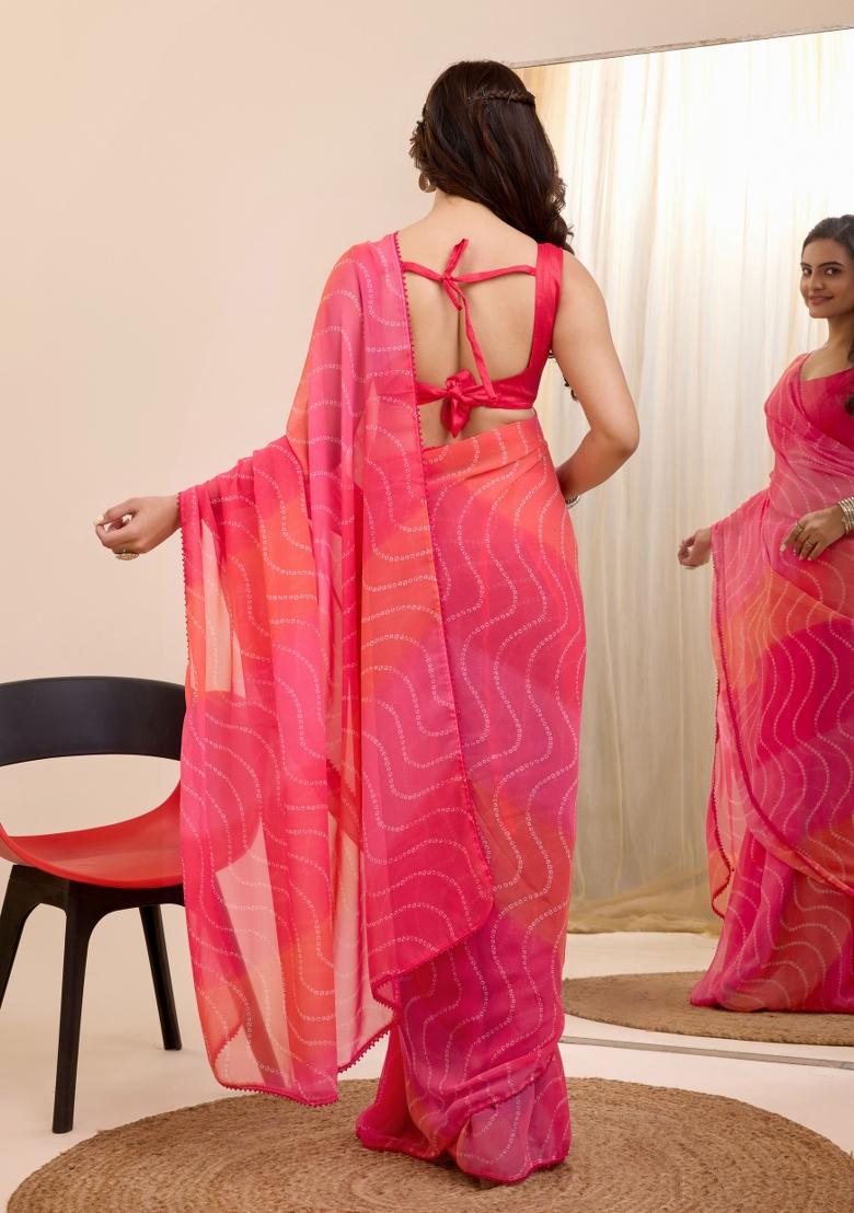 Gajari Pink Printed Georgette Saree Set
