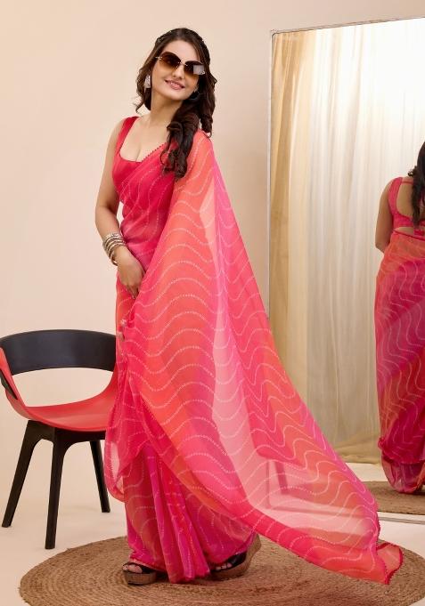 Gajari Pink Printed Georgette Saree Set