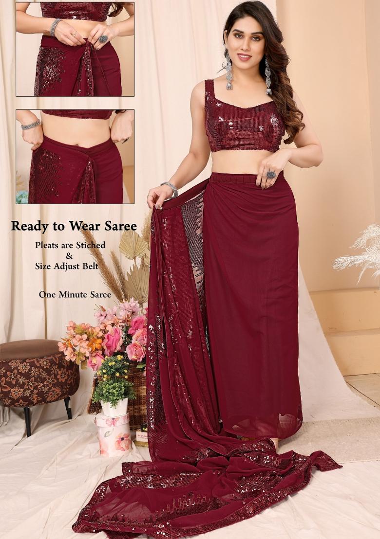 Maroon Sequin Embroidered Georgette Pre Stitched Saree
