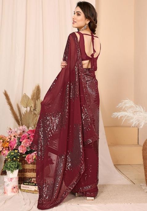 Maroon Sequin Embroidered Georgette Pre Stitched Saree