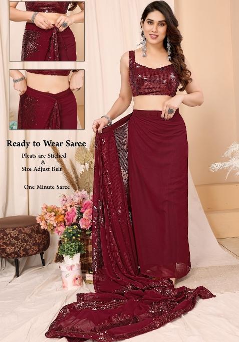 Maroon Sequin Embroidered Georgette Pre Stitched Saree