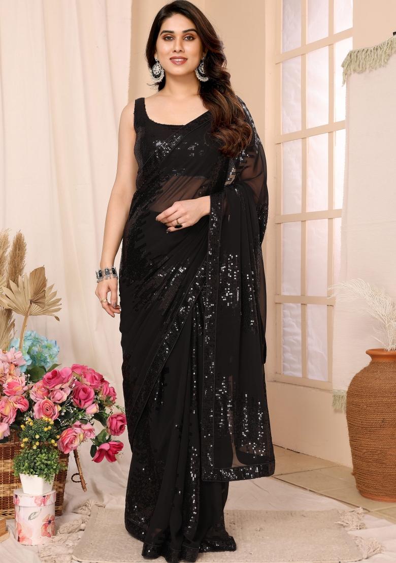 Black Sequin Embroidered Georgette Pre Stitched Saree