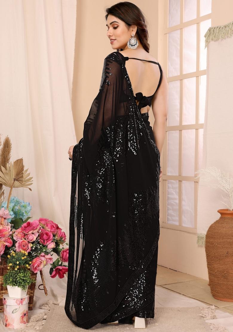Black Sequin Embroidered Georgette Pre Stitched Saree