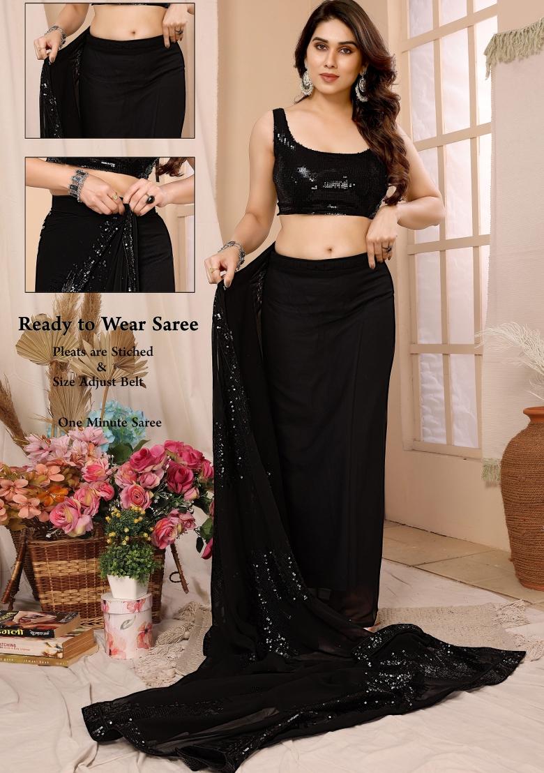 Black Sequin Embroidered Georgette Pre Stitched Saree