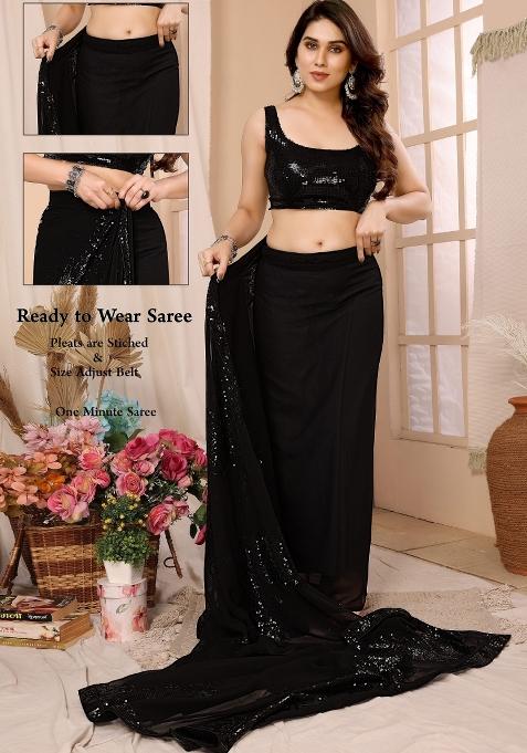 Black Sequin Embroidered Georgette Pre Stitched Saree