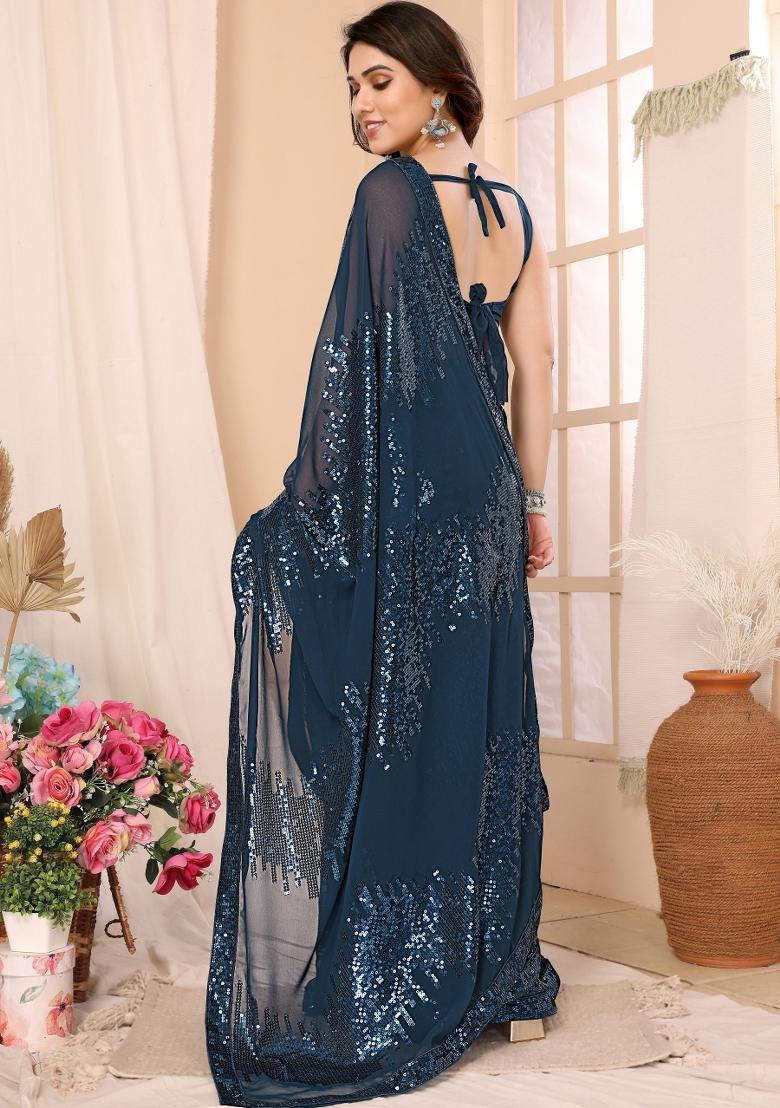 Teal Blue Sequin Embroidered Georgette Pre Stitched Saree