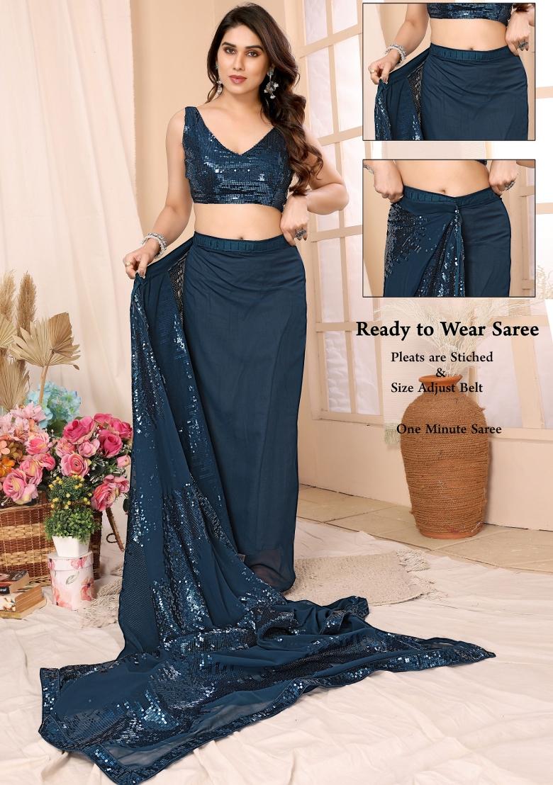 Teal Blue Sequin Embroidered Georgette Pre Stitched Saree