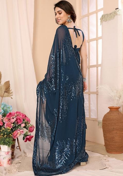 Teal Blue Sequin Embroidered Georgette Pre Stitched Saree