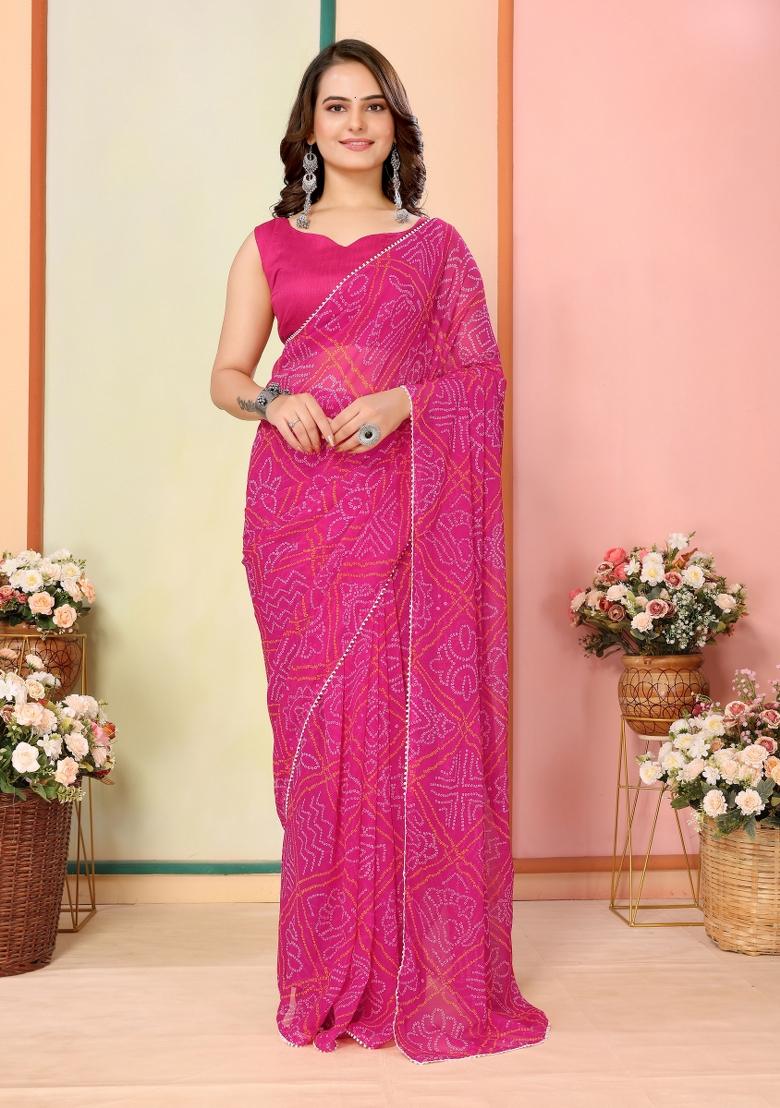 Pink Printed Georgette Pre Stitched Saree