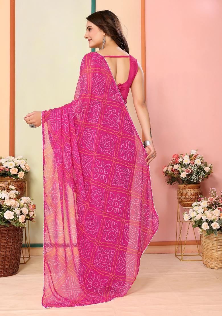 Pink Printed Georgette Pre Stitched Saree
