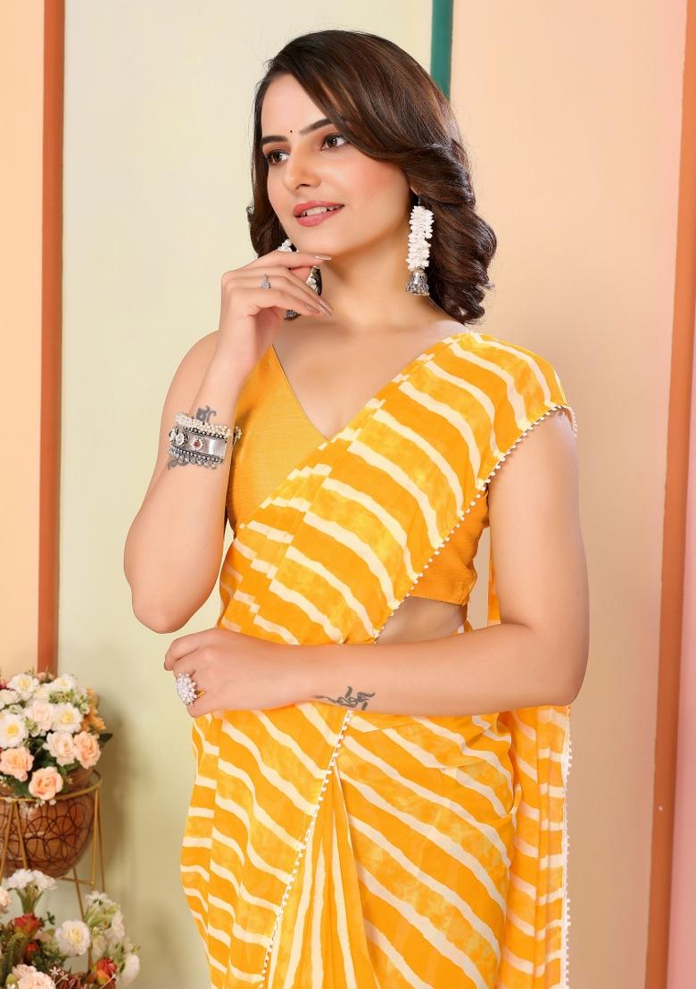 Yellow Printed Georgette Pre Stitched Saree