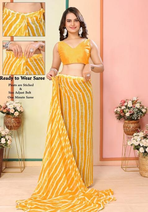 Yellow Printed Georgette Pre Stitched Saree