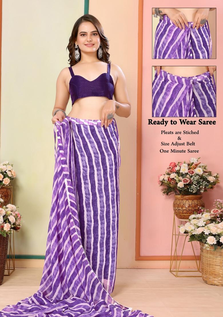 Purple Printed Georgette Pre Stitched Saree