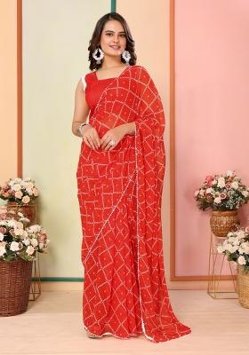 Red Printed Georgette Pre Stitched Saree