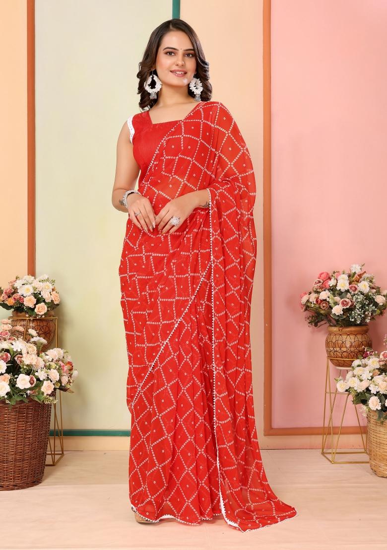 Red Printed Georgette Pre Stitched Saree