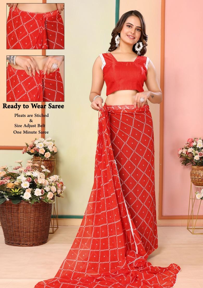 Red Printed Georgette Pre Stitched Saree