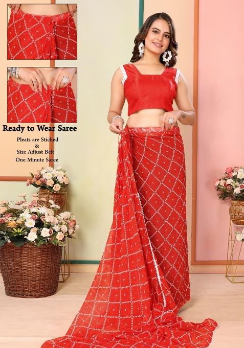 Red Printed Georgette Pre Stitched Saree