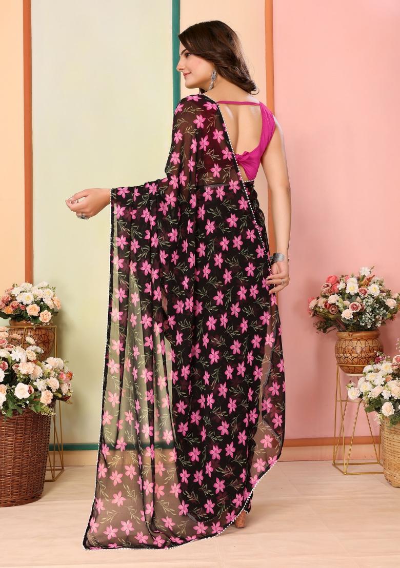Black Printed Georgette Pre Stitched Saree