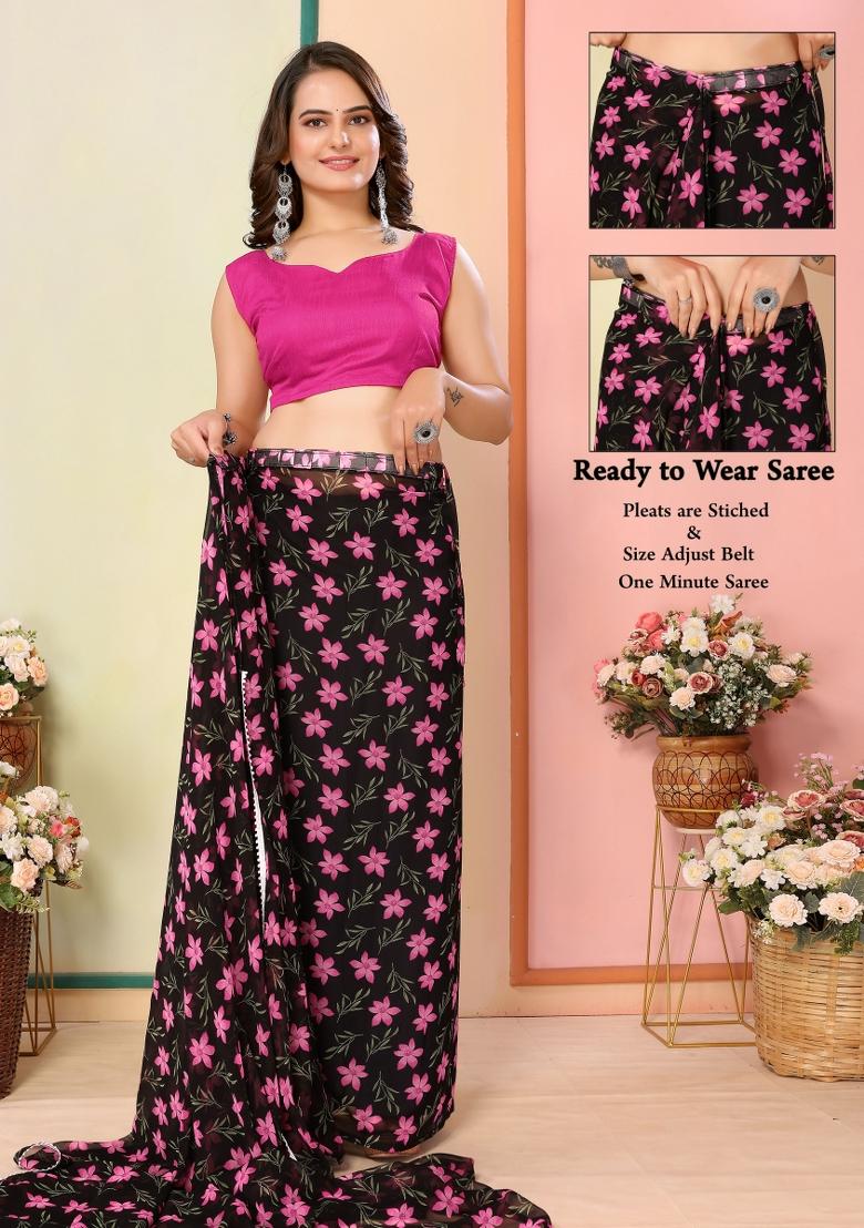 Black Printed Georgette Pre Stitched Saree