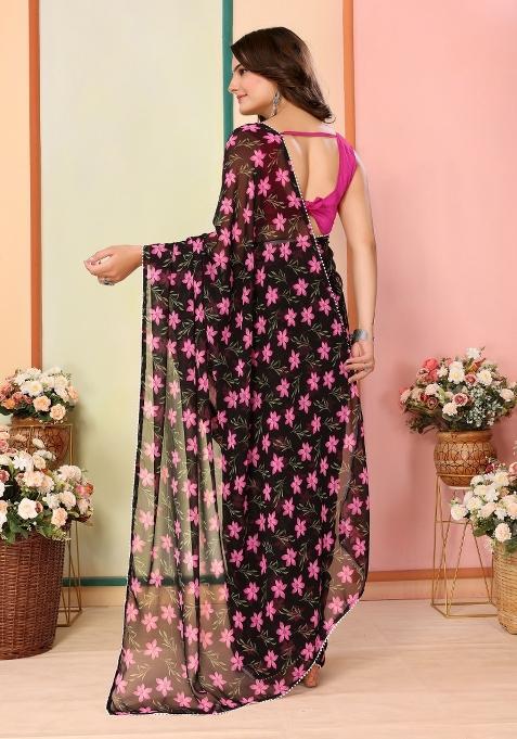 Black Printed Georgette Pre Stitched Saree