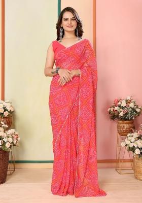 Red Printed Georgette Pre Stitched Saree