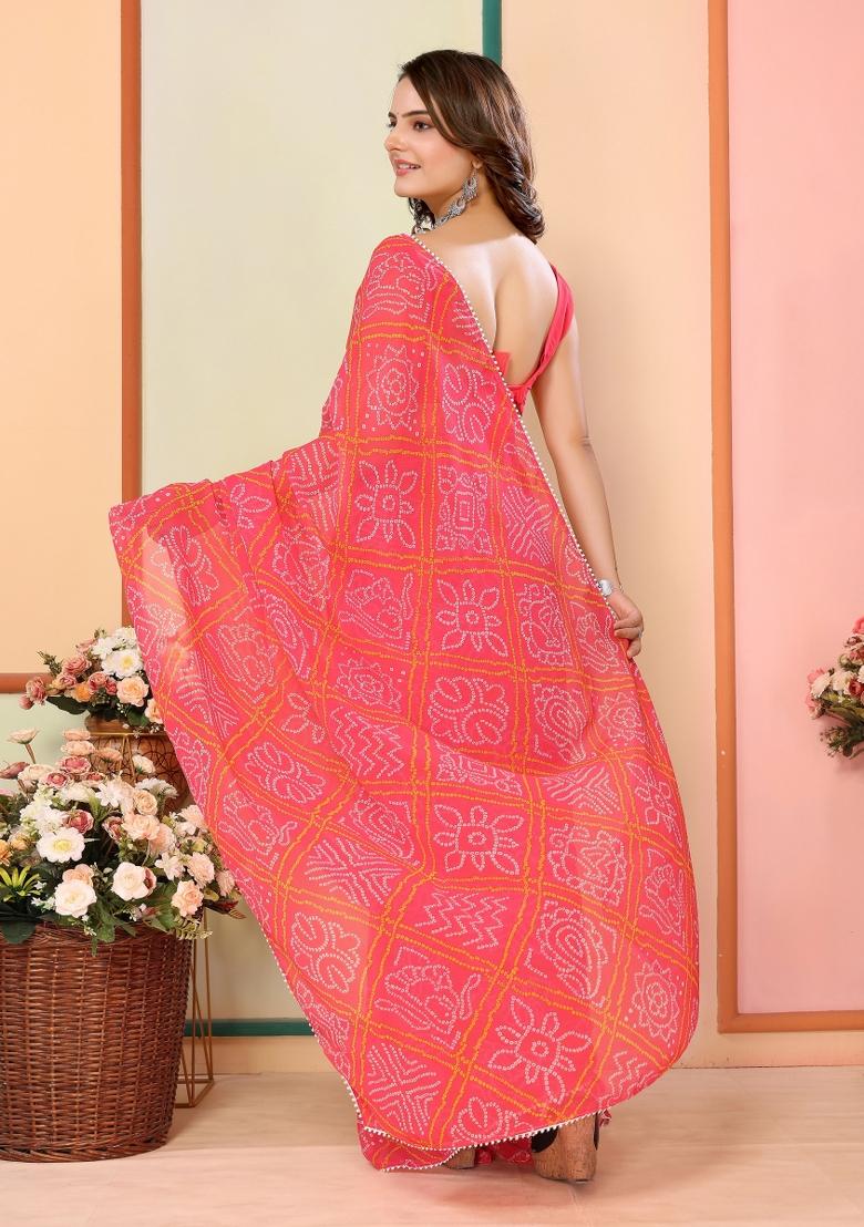 Red Printed Georgette Pre Stitched Saree