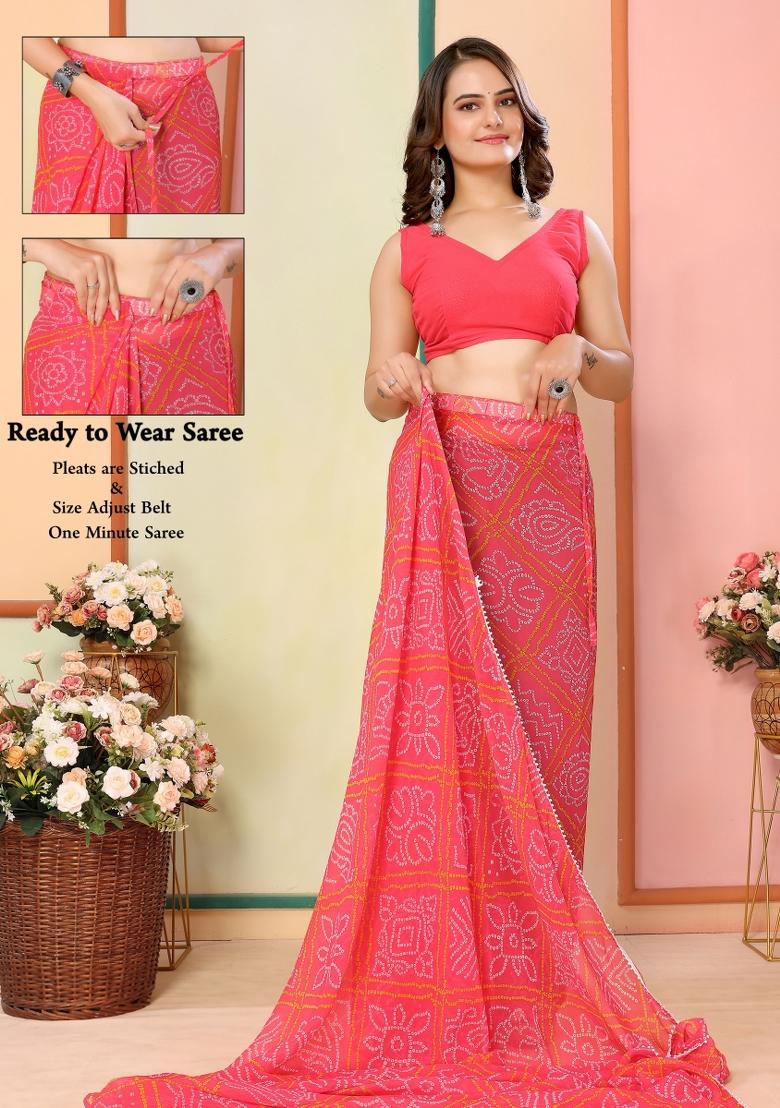 Red Printed Georgette Pre Stitched Saree