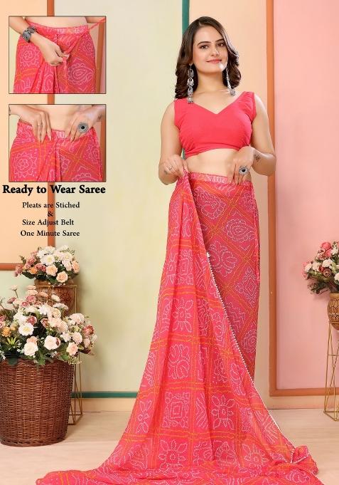 Red Printed Georgette Pre Stitched Saree