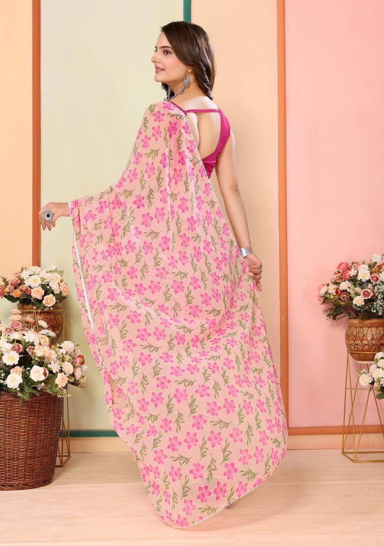 Pink Printed Georgette Pre Stitched Saree