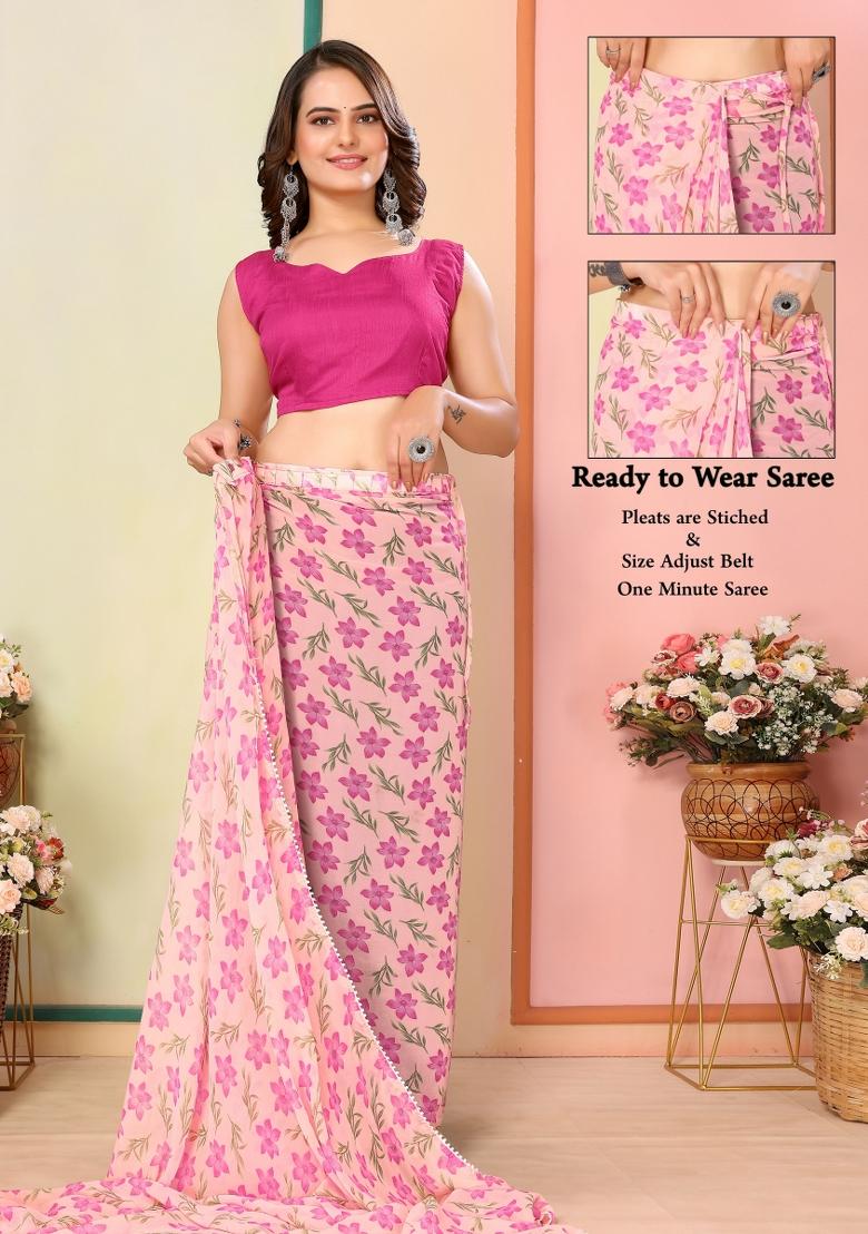 Pink Printed Georgette Pre Stitched Saree