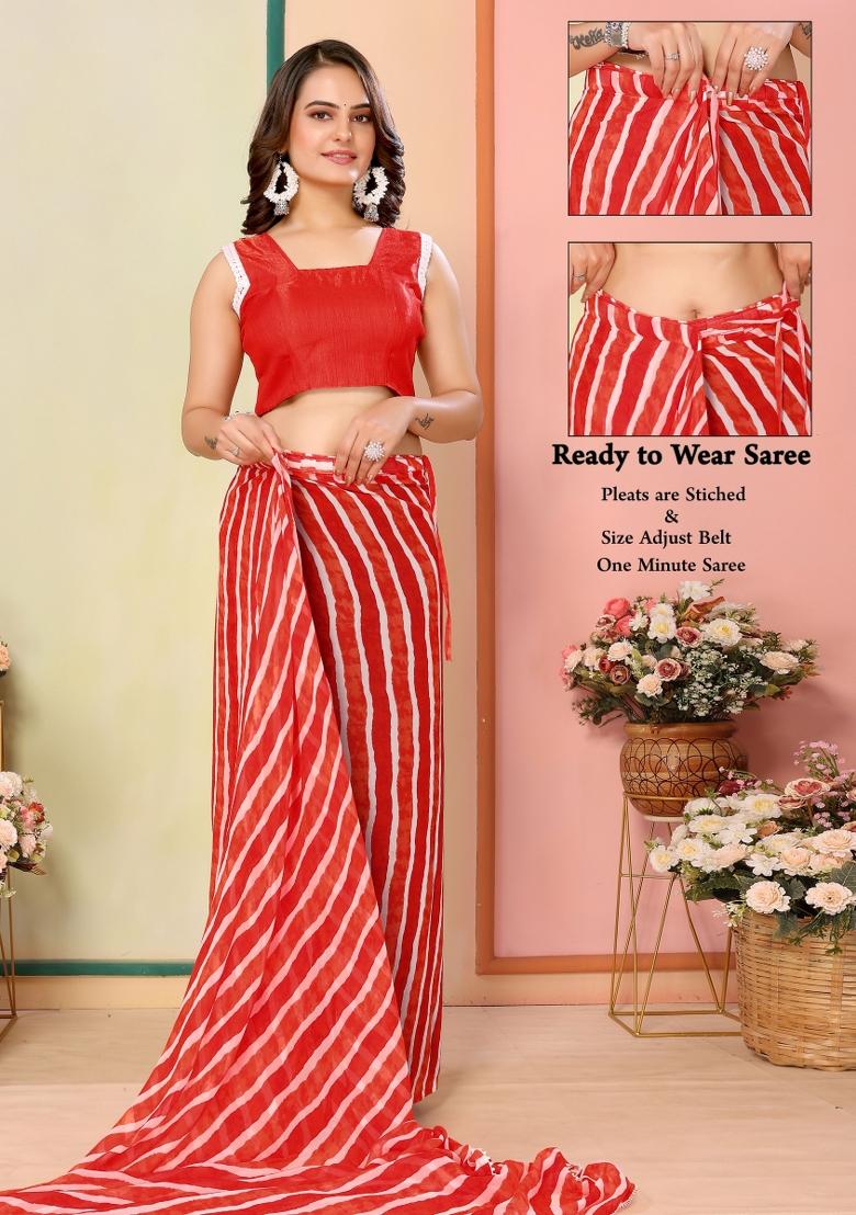 Red Printed Georgette Pre Stitched Saree
