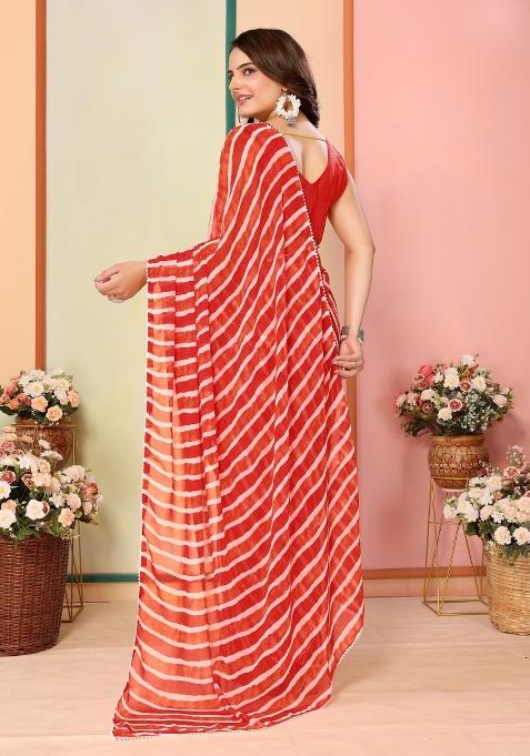 Red Printed Georgette Pre Stitched Saree