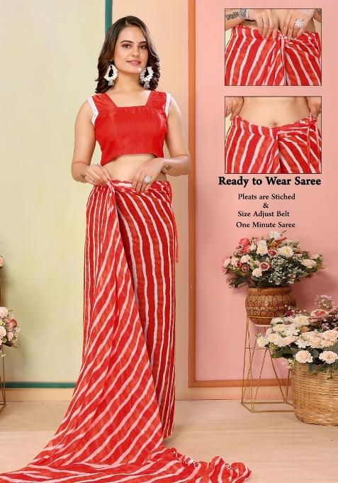 Red Printed Georgette Pre Stitched Saree